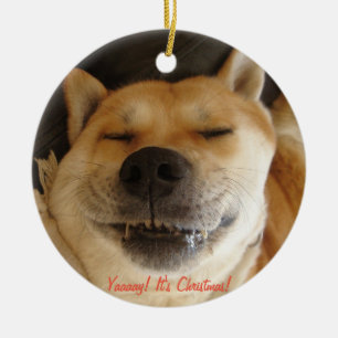 Lustigt, söt hund leende på jultoma julgransprydnad keramik