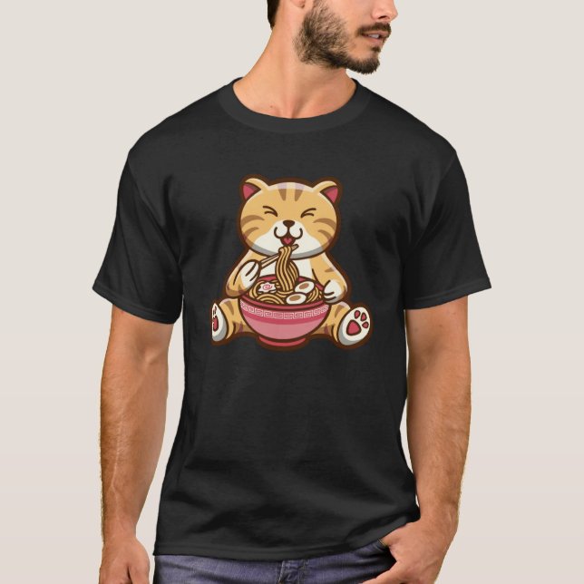 Lustigt söt katt som äter spaghetti Pullover Hoodi T Shirt (Framsida)