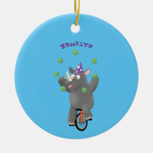Lustigt söt noshörande med unicycle julgransprydnad keramik
