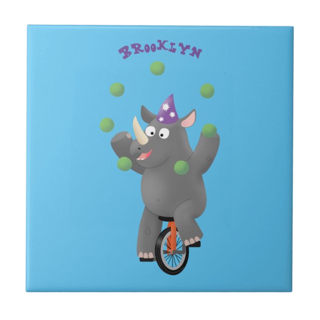 Lustigt söt noshörande med unicycle kakelplatta (Framsidan)