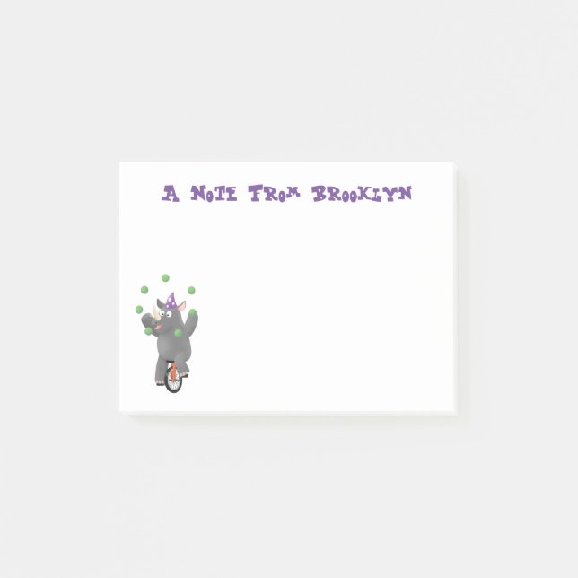 Lustigt söt noshörande med unicycle post-it block (Framsida)