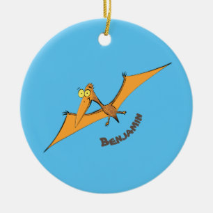 Lustigt söt orange med pterodaktyl-tecknad julgransprydnad keramik