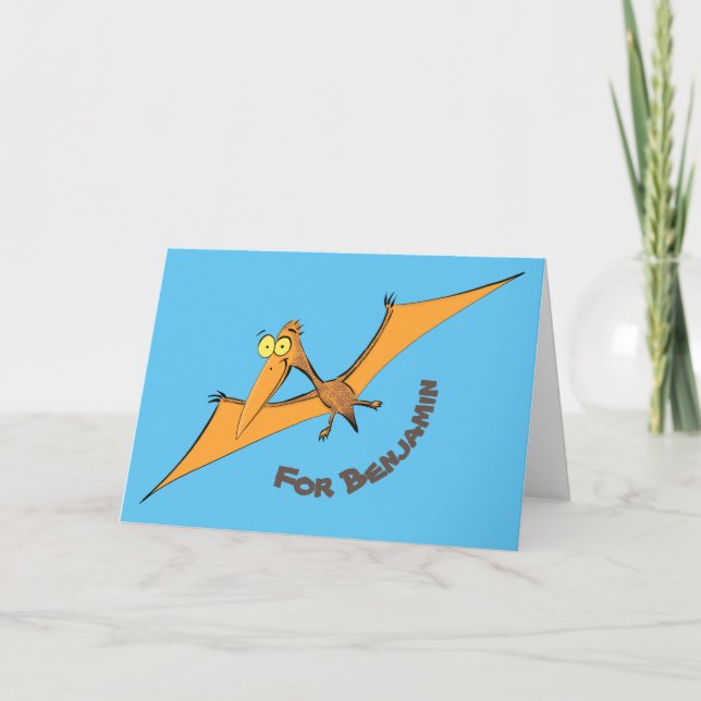 Lustigt söt orange med pterodaktyl-tecknad kort (Framsida)