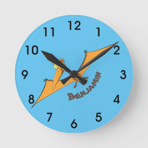 Lustigt söt orange med pterodaktyl-tecknad rund klocka