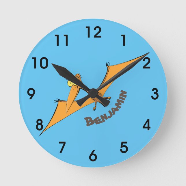 Lustigt söt orange med pterodaktyl-tecknad rund klocka (Framsida)