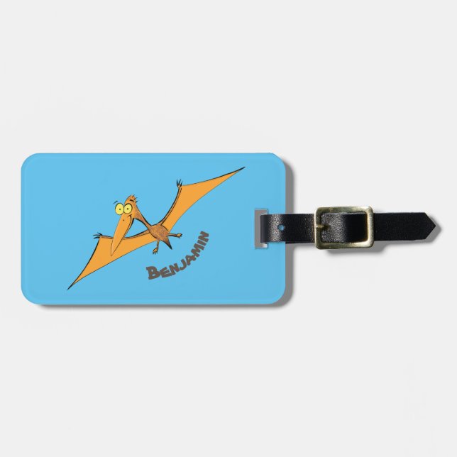 Lustigt söt orange tecknad av pterodactyl bagagebricka (Horisontell Framsida)
