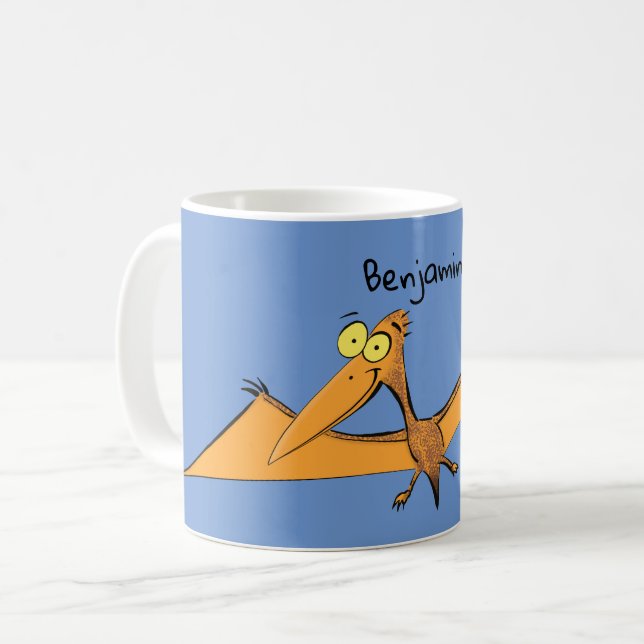 Lustigt söt orange tecknad av pterodactyl kaffemugg (Framsida vänster)