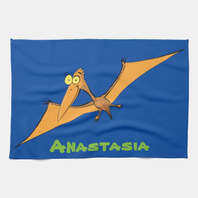 Lustigt söt orange tecknad av pterodactyl kökshandduk (Horisontell)