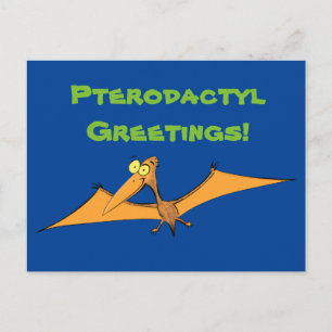 Lustigt söt orange tecknad av pterodactyl vykort