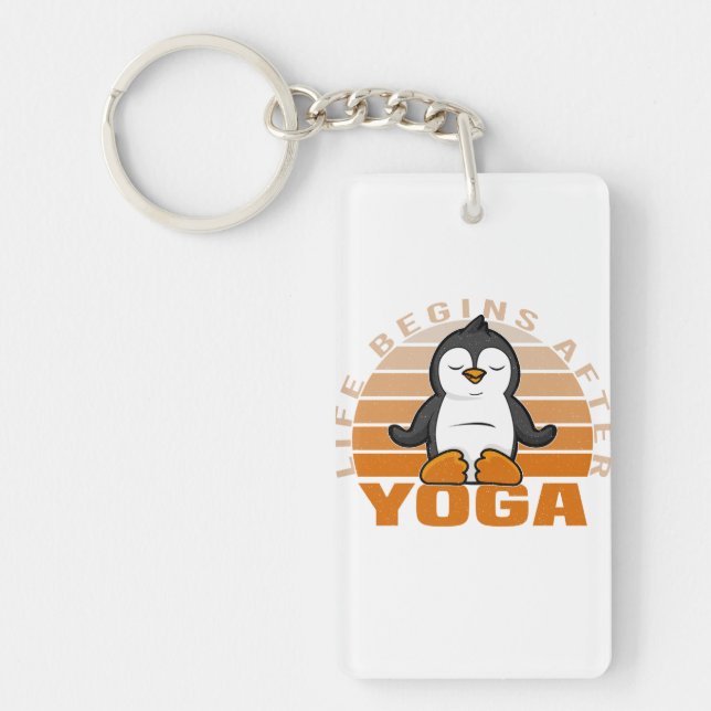 Lustigt söt penguin som gör yoga. (Framsidan)