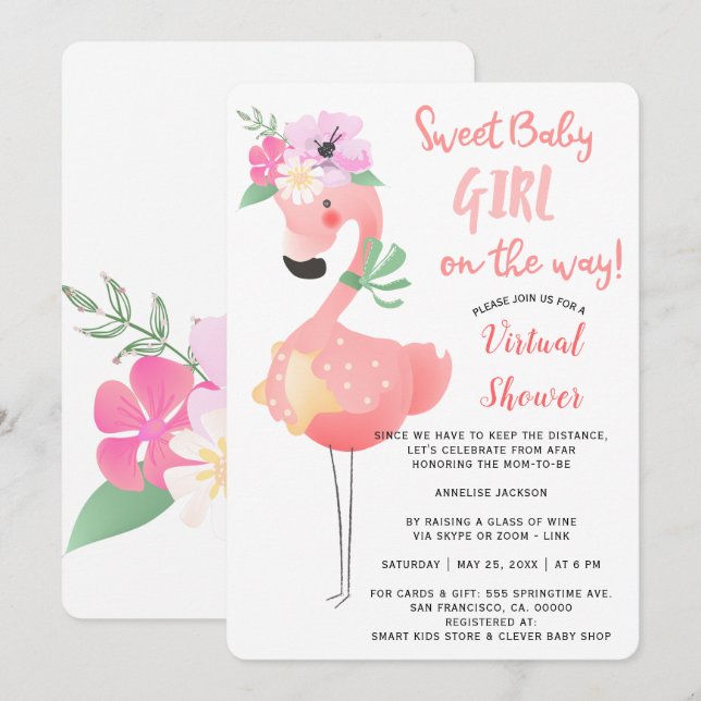 Lustigt söt rosa flamingo babydusch virtuellare pa inbjudningar (Fram/baksida)