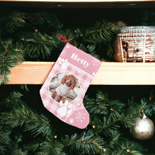 Lustigt söt rosa flanals hund-foto Jul Liten Julstrumpa (Funny cute pink flannel dog pet photo Christmas Small Christmas Stocking)