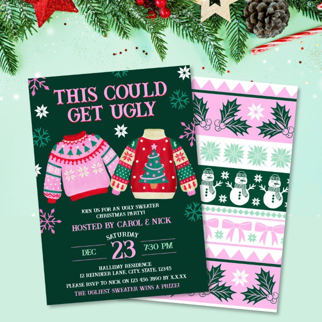 Lustigt sötare jul Party & Snöflingor Inbjudningar (Ugly Sweater Christmas Party & Snowflakes Invitation)