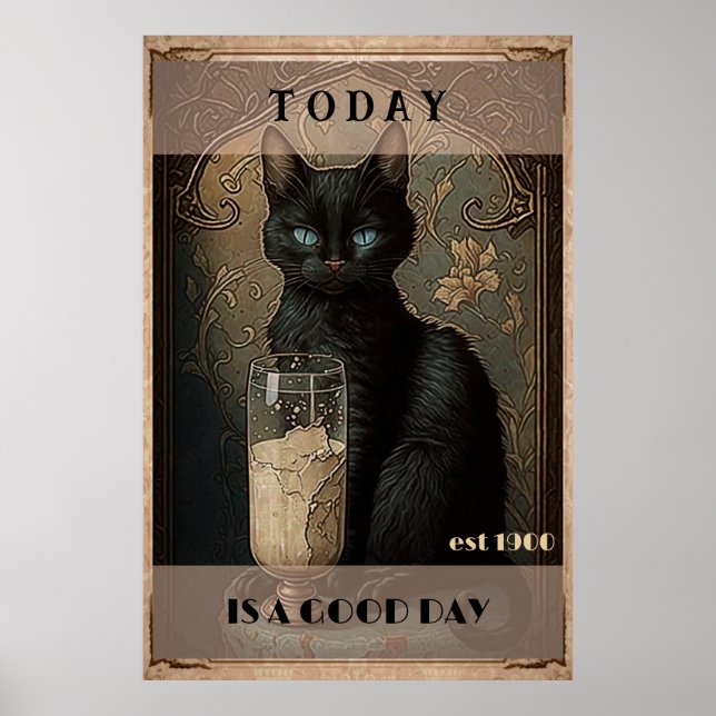 Lustigt sött, svart katt dricka mjölk poster (Framsidan)