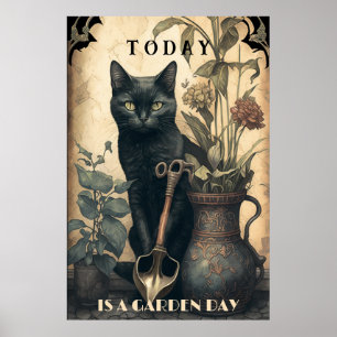 Lustigt sött svart katt i trädgården poster