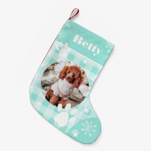 Lustigt, sött teal flanals-hund-foto Jul Liten Julstrumpa