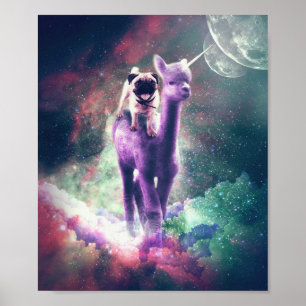 Lustigt Space Pug Riding på Alpaca Unicorn Poster