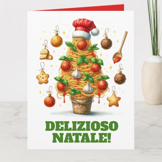 Lustigt Spaghetti Julgran Delizioso Natale! Kort (Framsida)