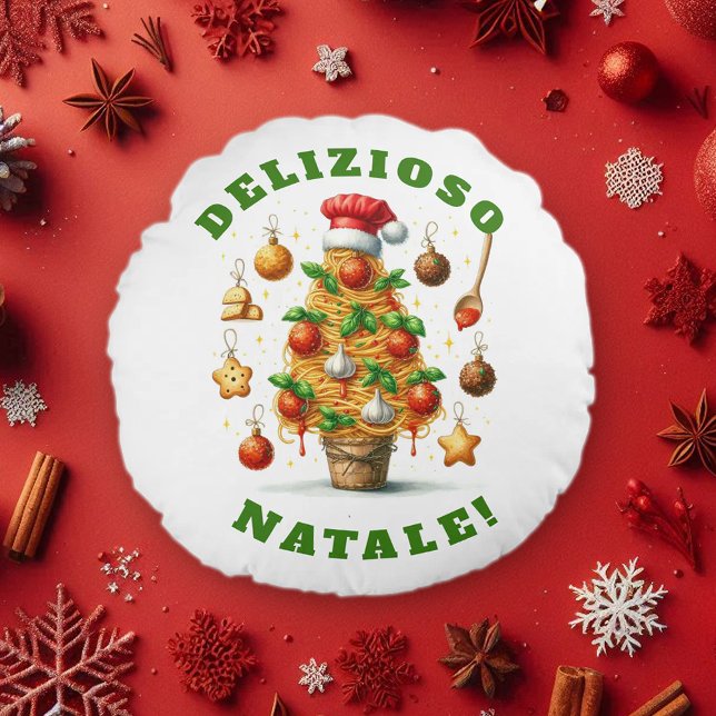 Lustigt Spaghetti Julgran Delizioso Natale! Rund Kudde (Funny Christmas Spaghetti Tree Round Pillow Cover Photo)