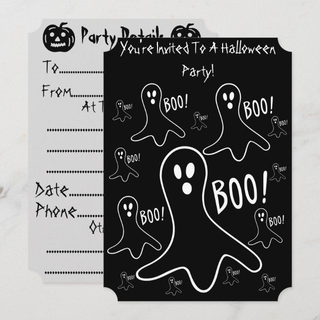 Lustigt spöken skrika bo black halloween fest inbjudningar (Fram/baksida)