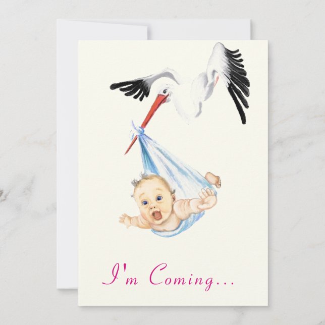 Lustigt Stork Baby Shower-inbjudan - jag kommer (Baksida)