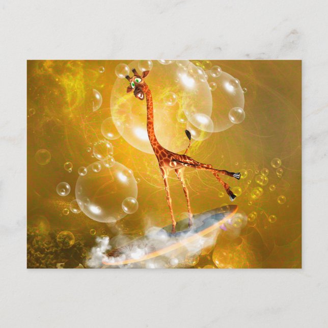 Lustigt surfgiraffe med våg och bubblor vykort (Framsida)