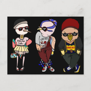 Lustigt svart fågel med kläder Illustration Art Vykort