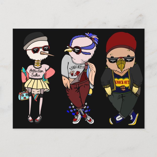 Lustigt svart fågel med kläder Illustration Art Vykort (Framsida)