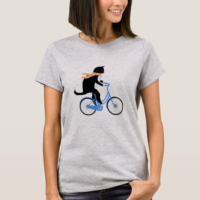 Lustigt svart katt rider en cykel t shirt (Framsida)