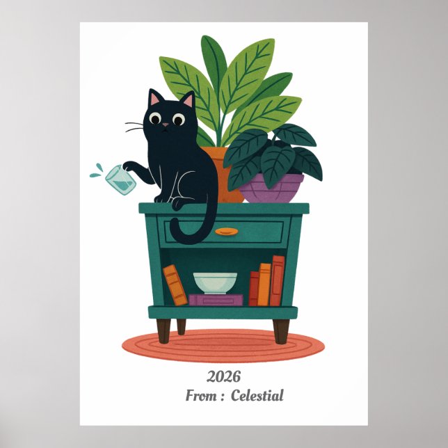 Lustigt svart katt som knackar över glas poster (Framsidan)