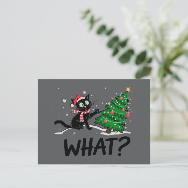 Lustigt svart katt som pressar Julgran. Helg Vykort (Stående Fram)