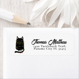 Lustigt svart katt som snärjdes upp i julljus returadress etikett