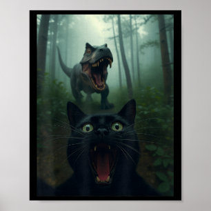 Lustigt svart kattselfie med T-rex Dinosaur Forest Poster