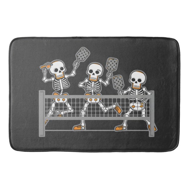 Lustigt tal tre Skeleton Playin Pickleball Gift Badrumsmatta (Framsidan)