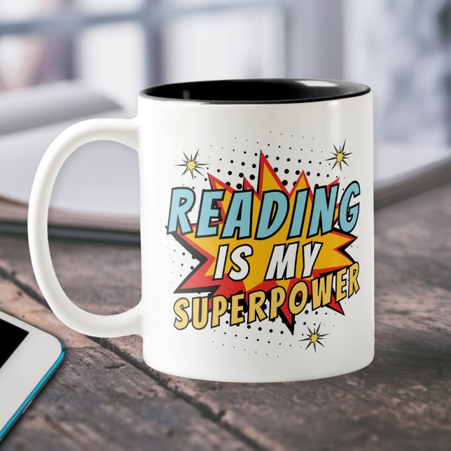 Lustigt Tecknad Bok Reading är min supermakt Två-Tonad Mugg (Skapare uppladdad)