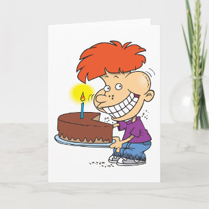 Lustigt Tecknad Boy med Chocolate Birthday Cake Kort