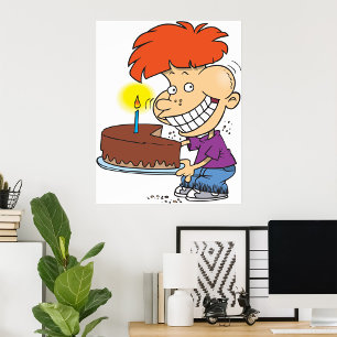 Lustigt Tecknad Boy med Chocolate Birthday Cake Poster