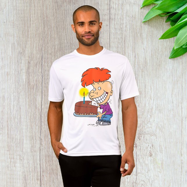 Lustigt Tecknad Boy med Chocolate Birthday Cake T Shirt (Skapare uppladdad)