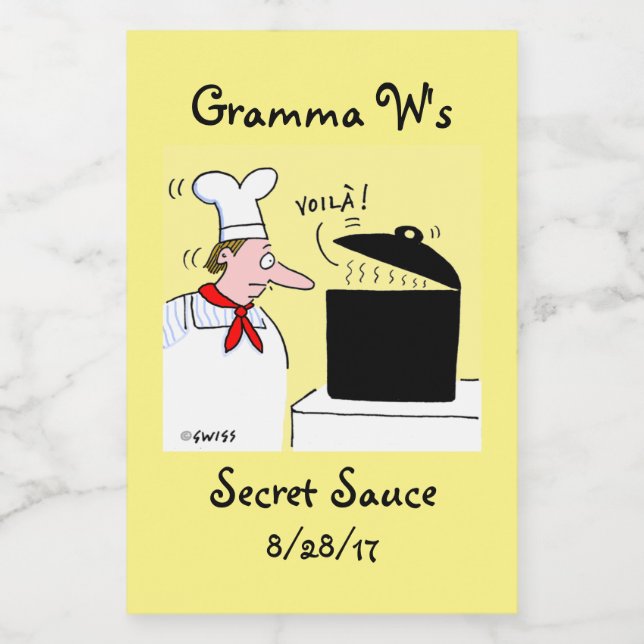 Lustigt Tecknad Chef med Kettle på Stove Mat Etikett (Singel etikett)