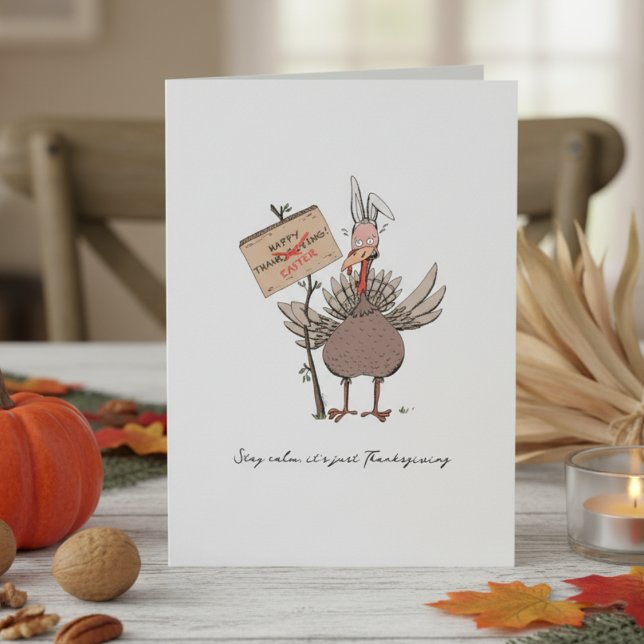 Lustigt Thanksgiving Turkiet Helgkort (Funny Turkey Disguised as an Easter Bunny Hand Drawn Illustration. Humorous Thanksgiving Turkey Card)
