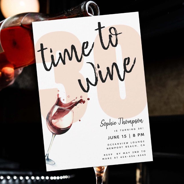 Lustigt till Vin Glass Humous 30års födelsedag Inbjudningar (funny 30th birthday invitation for women time to wine winery tasting party elegant modern red black )