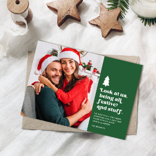 Lustigt titta på oss som julfoto julkort