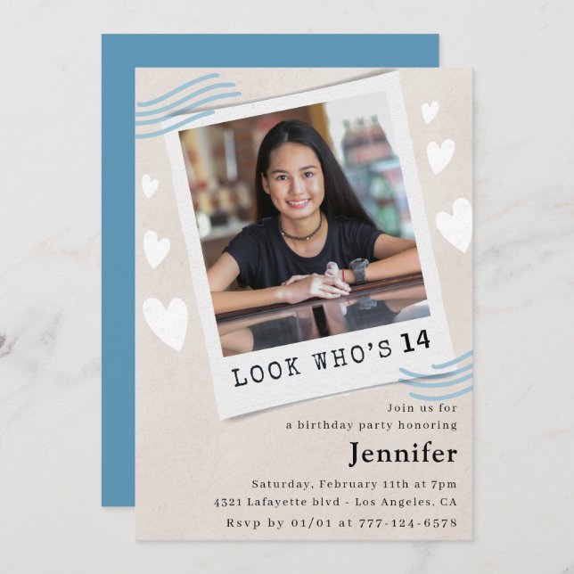 Lustigt titta vem som gör 14-årsinbjudningar inbjudningar (Fram/baksida)