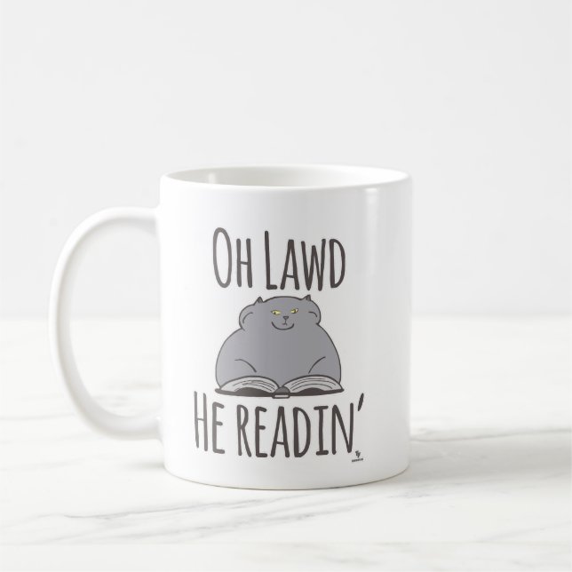 Lustigt Tjock Cat Han läser Kattunge Roligt Motto Kaffemugg (Vänster)