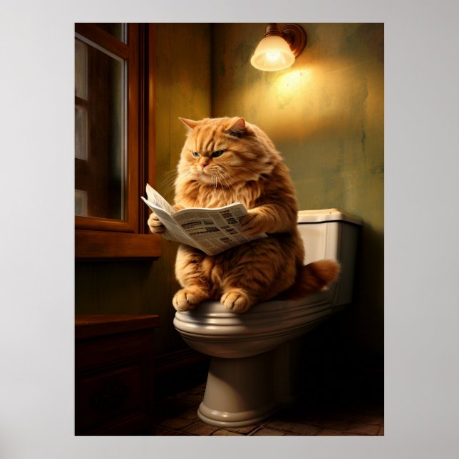 Lustigt Tjock Kat Reading Newspaper on Toilet Poster (Framsidan)