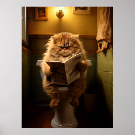 Lustigt Tjock Kat Reading Newspaper on Toilet Poster