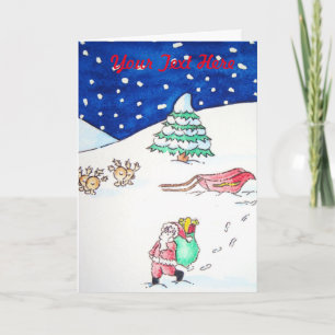 Lustigt tomte och renar med julklappar helgkort