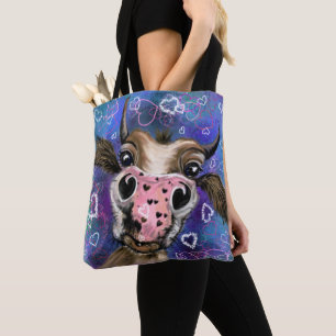 Lustigt Tote Bag med lekfull Nyfiken Cow - Smile Tygkasse
