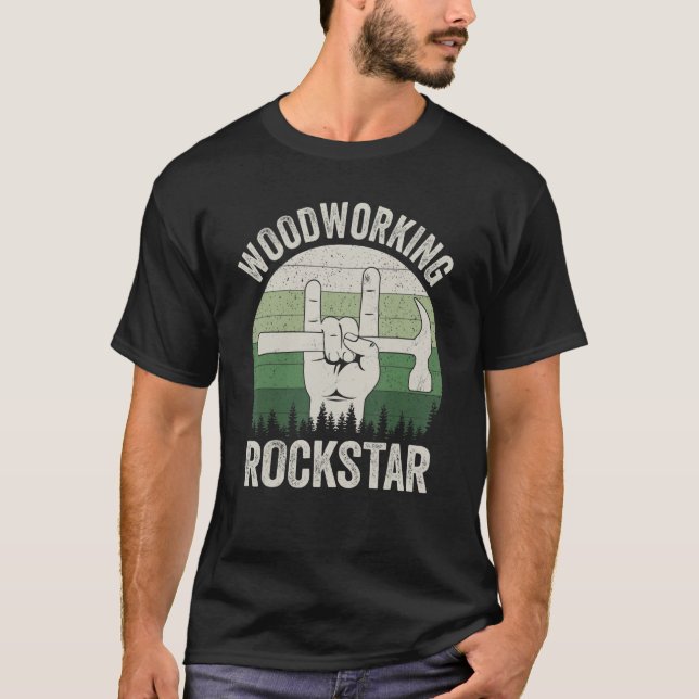Lustigt träverkande rockstjärna, snickare, retrovi t shirt (Framsida)