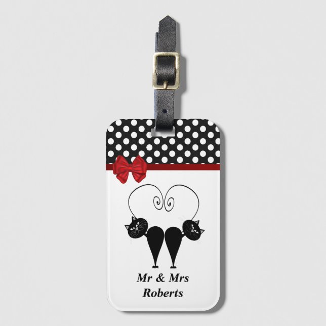 Lustigt Trendig sött katt par monogram polka dots Bagagebricka (Framsida vertikal)